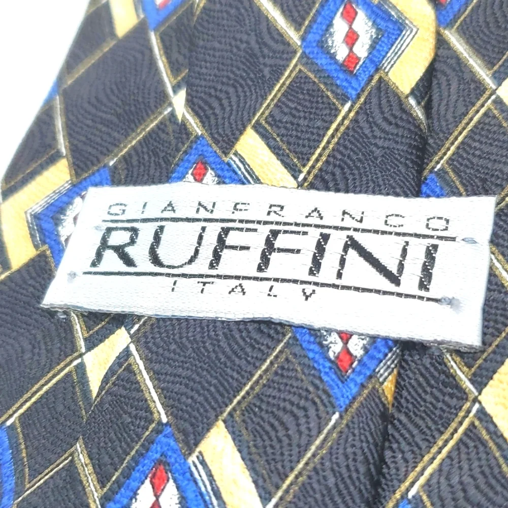 GIANFRANCO RUFFINO Black Cream Geometric Silk Tie EUC